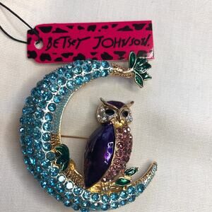 Betsey Johnson Owl in the Moon Brooch Pin Enamel & Rhinestone Embellished Cute